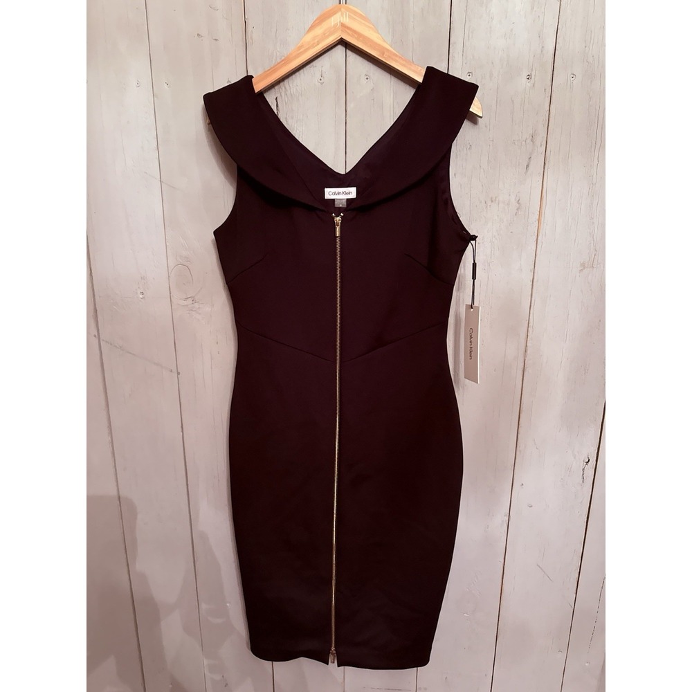 Calvin Klein Black Sheath Dress Folded Neckline S-10 Gold Front Full Zipper‎ NWT